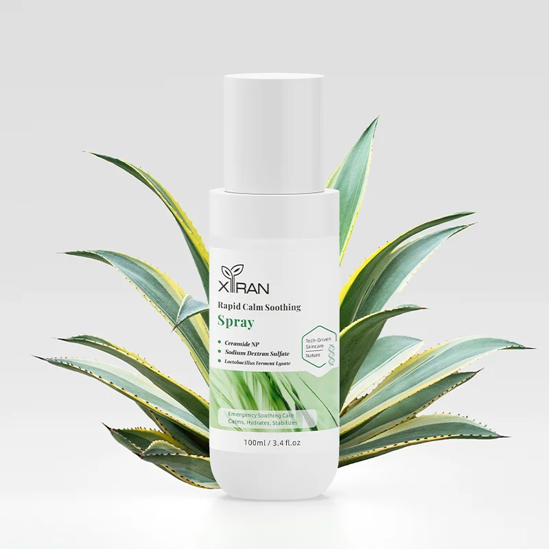 XIRAN Rapid Calm Soothing Spray bottle featuring calming ingredients, displayed with agave plant backdrop for natural ambiance.